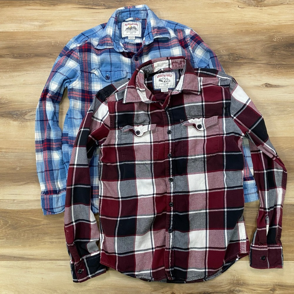 American Eagle Flannel Shirt Bundle 2pk XS Plaid Casual Cotton Blue Red Maroon